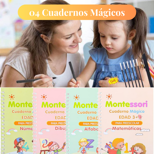 Kit de Caligrafía Mágica - 4 Cuadernos Montessori + 1 Pizarra de Dibujo Mágica+1 juego de Letras ABCdario